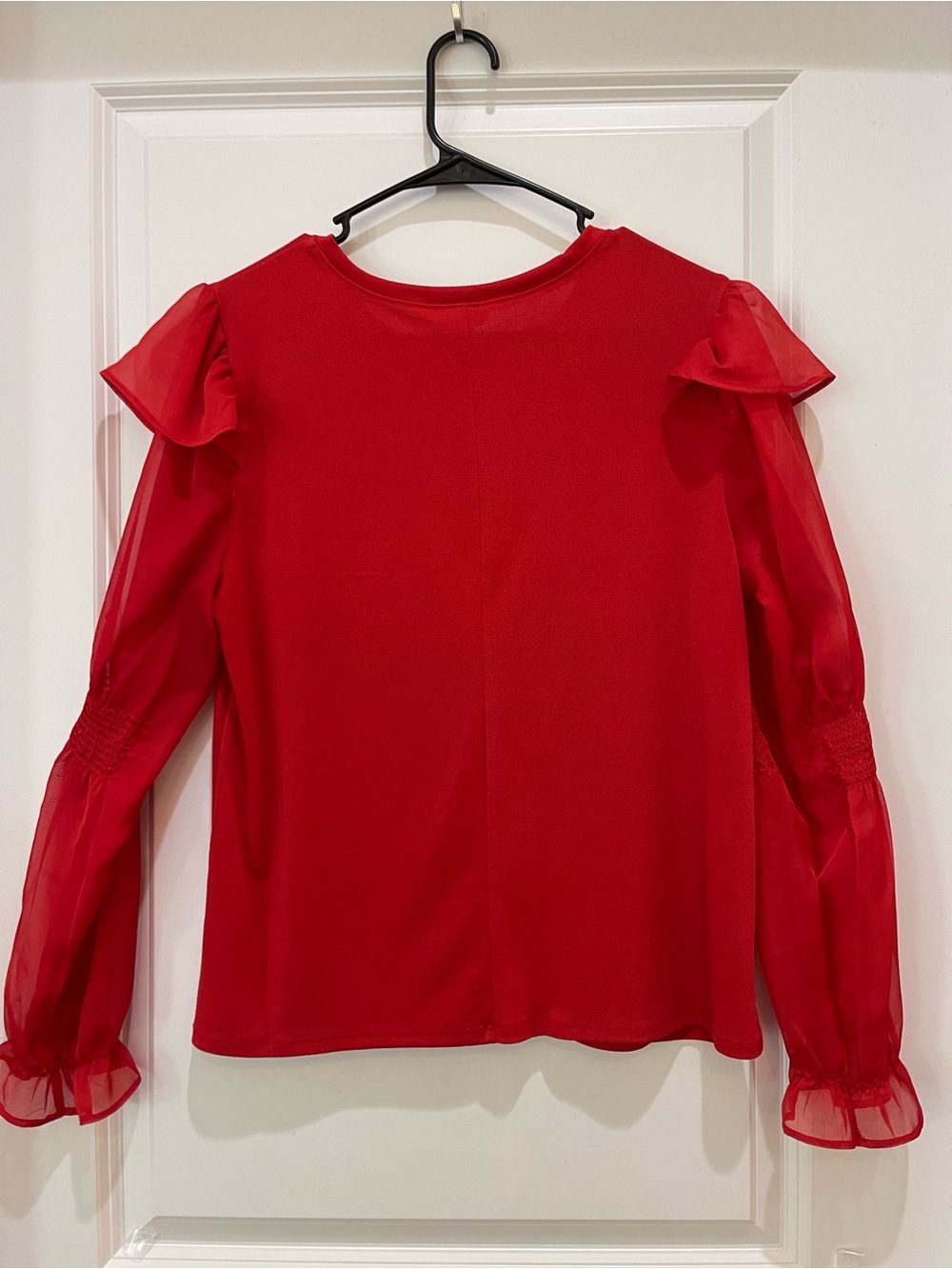 Cato Red Sheer Long Sleeve Ruffle Shoulder Smocked Cuff Blouse Top M - Picture 3 of 6